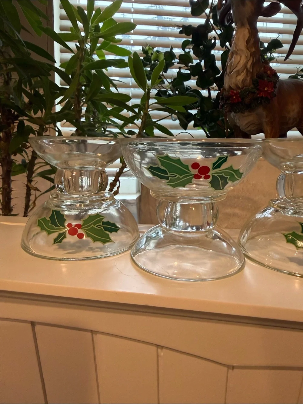 VTG Avon Reversible Holiday Holly Berry Glass Candlestick Holders Set of 6
